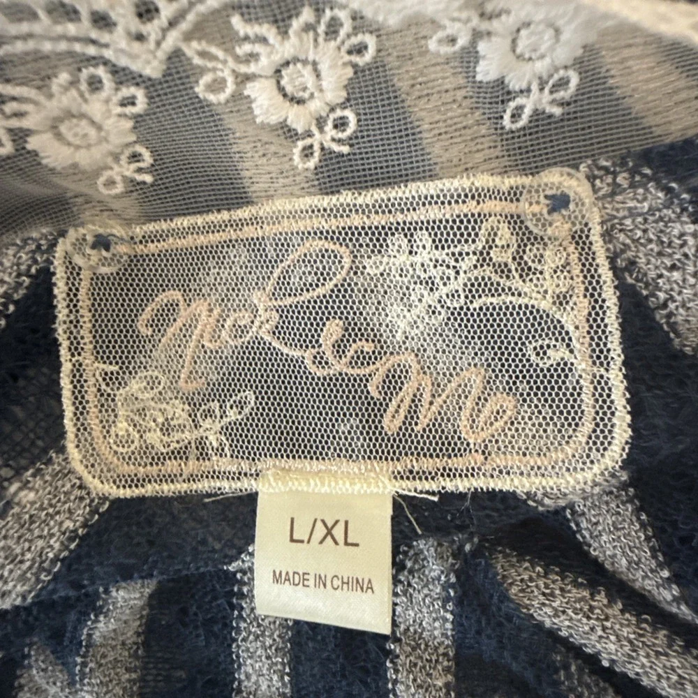 Nick & Mo Anthropologie Duster Cardigan Vest Stripe Blue Lace Bohemian Size L/XL